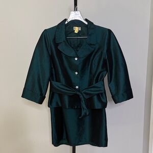 Elegant Dark Green Satin Skirt Suit